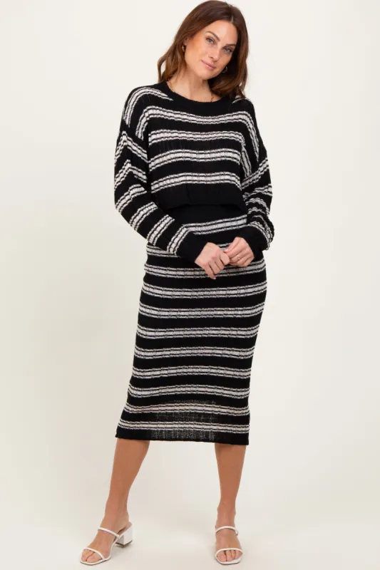Black/Cream Long Sleeve Crop Top Midi Skirt Set sold by Pinkblush