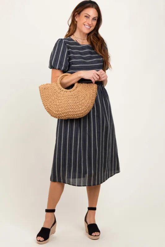 Navy Blue Striped Short Sleeve Midi Dress sold by Pinkblush