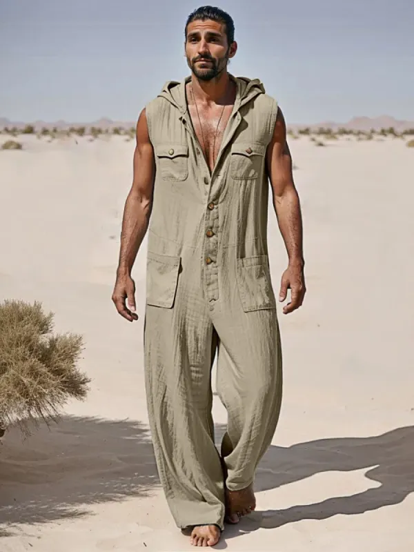 Stylish 100% Cotton Sleeveless Hooded Jumpsuit sold by Coofandy