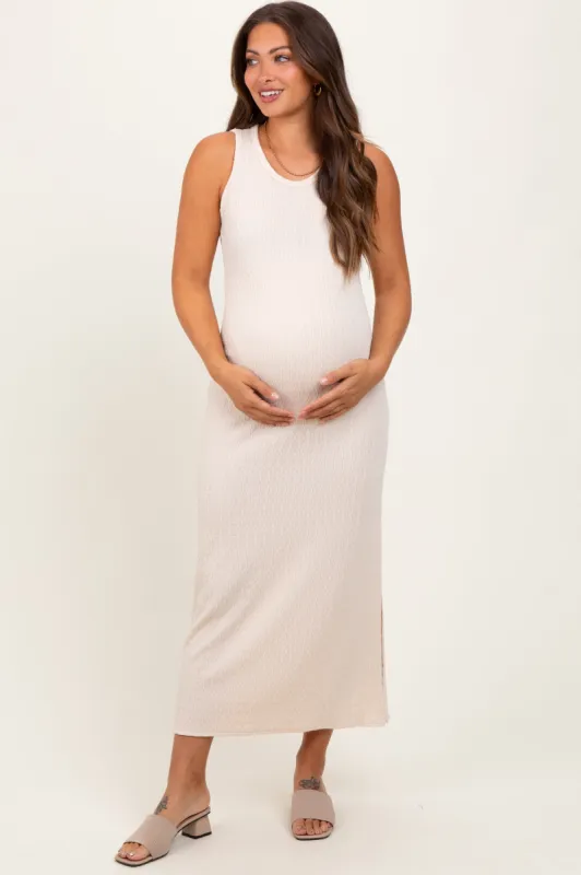 Cream Jacquard Sleeveless Side Slit Maternity Midi Dress sold by Pinkblush