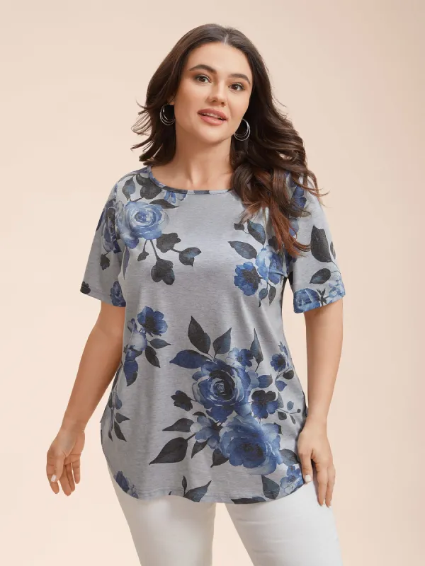 Floral Print Round Neck Fitted T-Shirt sold by Bloomchic