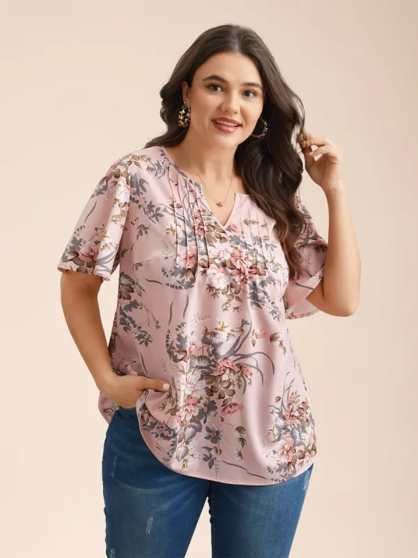 Spring Pattern Neck Cut-Out Pleated Shirt sold by Bloomchic