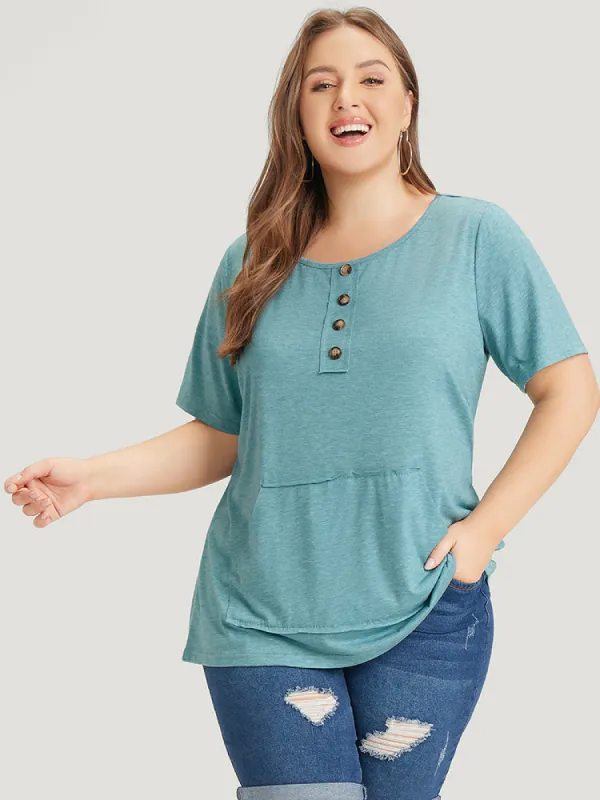 Plain Heather Button Detail Patch Pocket T-shirt sold by Bloomchic