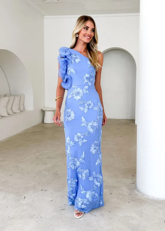 Trilby One Shoulder Mesh Maxi Dress - Blue Floral sold by Gingham & Heels