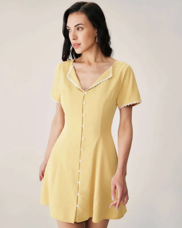 Yellow V-neck Button Mini Dress sold by rihoas