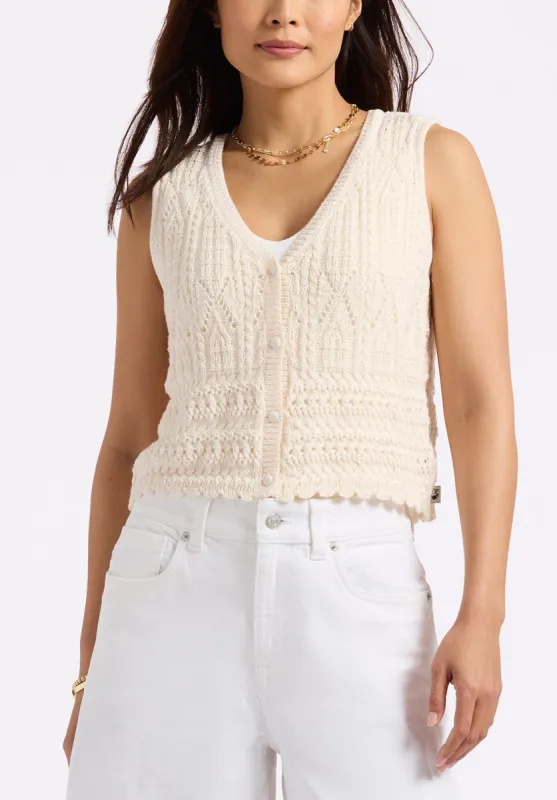 Merrybell Women's Pointelle Knit Button-Down Vest, Egret