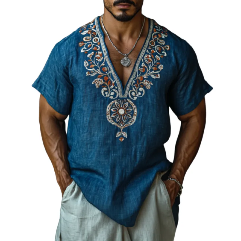 Men's Casual Deep V Neck Embroidered Linen Loose Short Sleeve Shirt 21762942M sold by Manly
