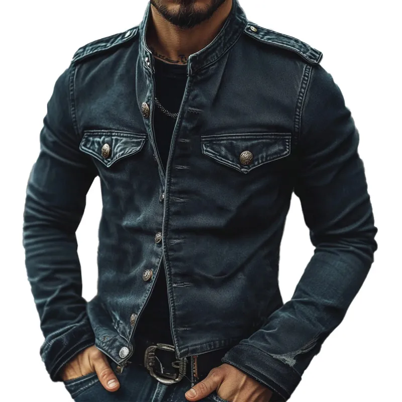 【24-hour shipping out】Men's Vintage Stand Collar Denim Jacket 75697045X sold by Manly
