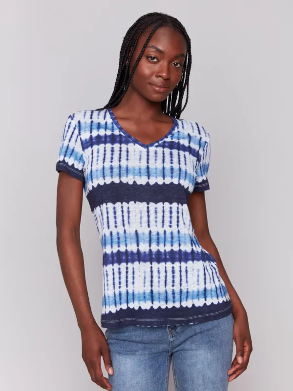 Printed Linen Blend V-Neck T-Shirt - Riviera sold by Charlie B