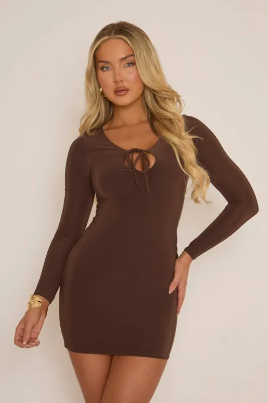 Chocolate Slinky Cut Out Mini Dress - Delia sold by Rebellious Fashion