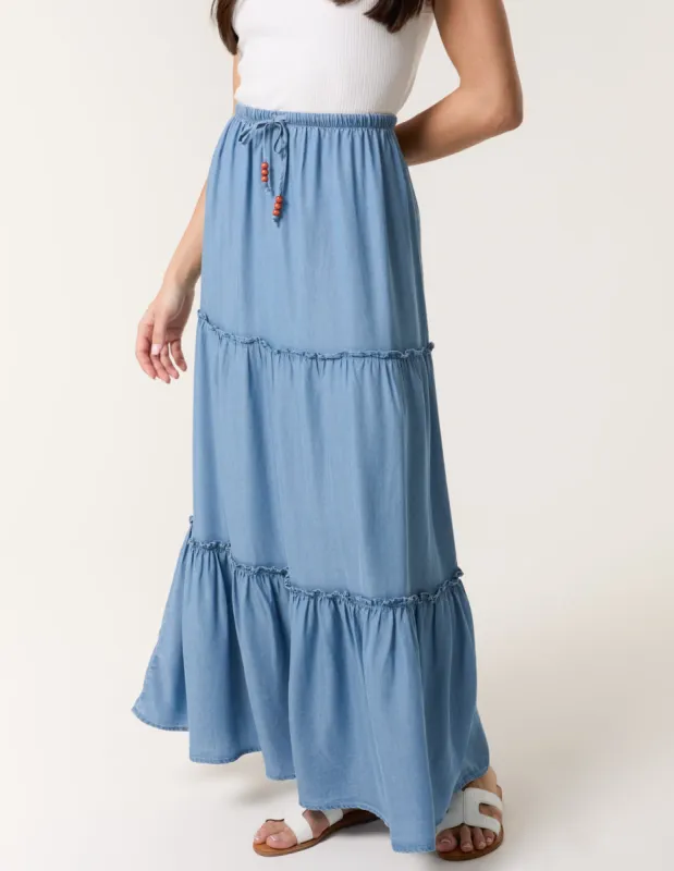 Beaded Tiered Midi Skirt sold by Blue Vanilla
