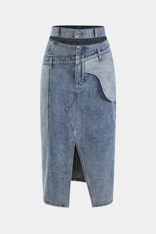 Denim Patchwork Pocket Slit Skirt sold by Micas