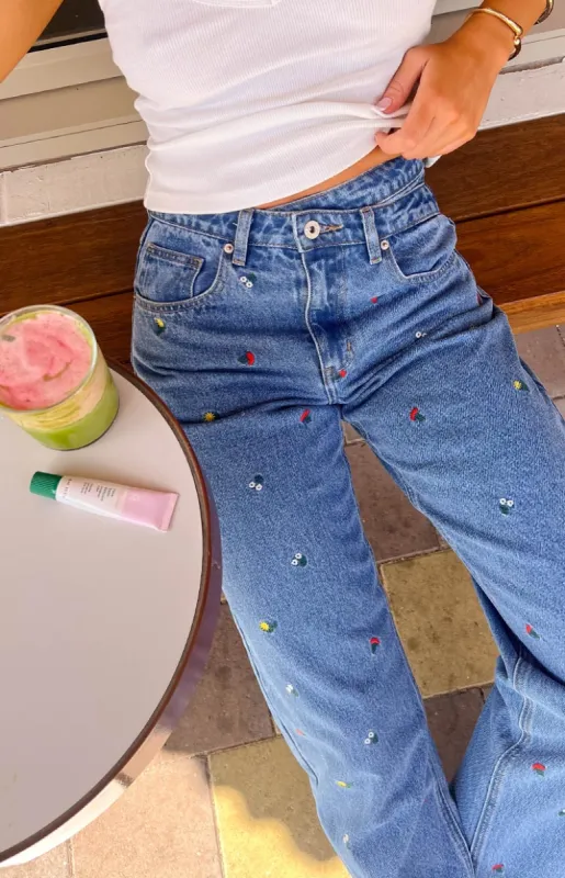 Kansis Blue Embroidered Uneven Waist Jeans sold by Beginning Boutique