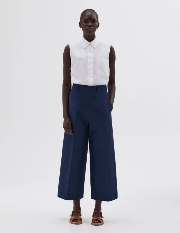 FLAT FRONT CULOTTES | YARN DYED WOOL LINEN | DEEP BLUE sold by Margaret Howell