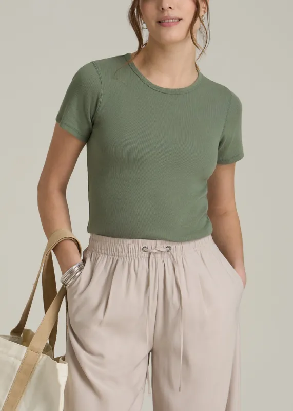 Short Sleeve Crew Neck Ribbed T-Shirt for Tall Women in Dark Seagrass sold by American Tall