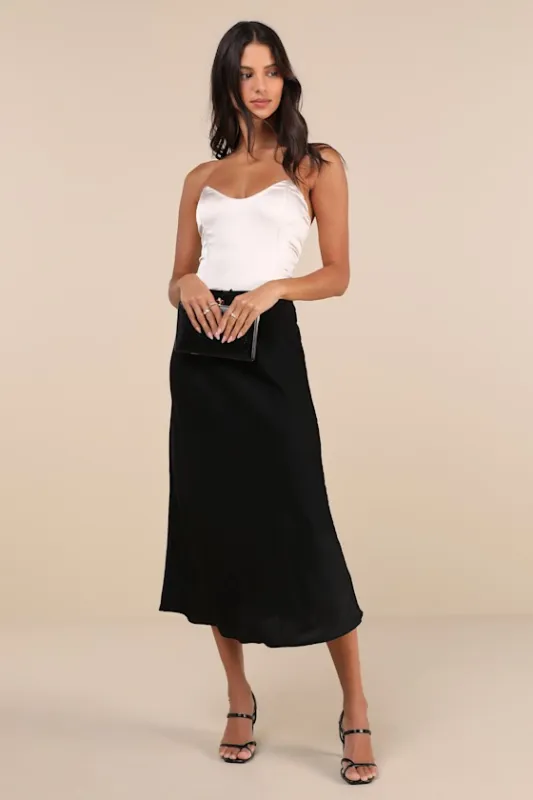 Sleek Proposition Black Satin Bow Midi Skirt sold by Lulus