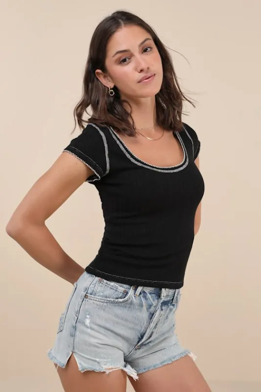 Cute Decision Black Pointelle Knit Short Sleeve Top sold by Lulus