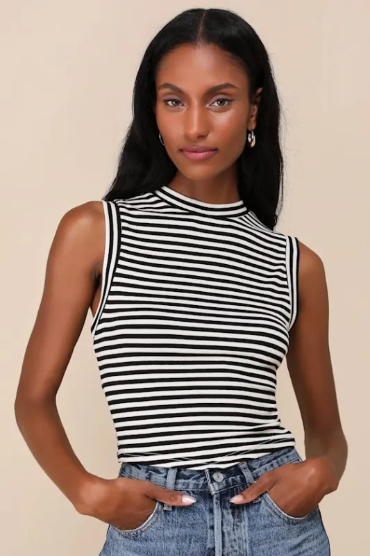 Chic Direction Cream and Black Striped Mock Neck Ribbed Tank Top sold by Lulus