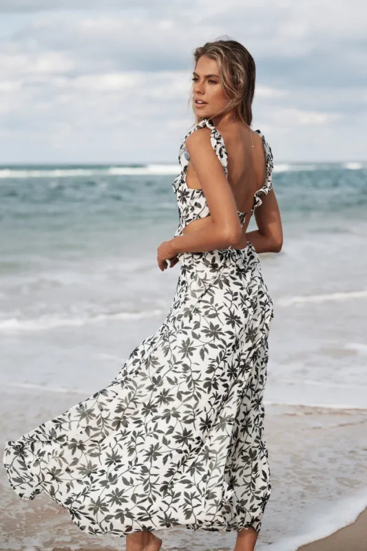 Rori Ruffle Maxi Dress - White Black Floral sold by Petal & Pup