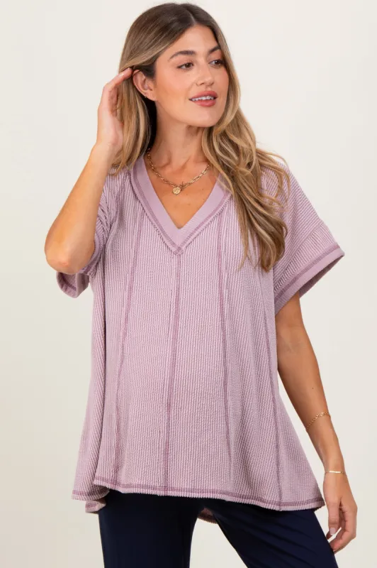 Mauve Striped Ribbed V-Neck Oversized Short Sleeve Maternity Top sold by Pinkblush