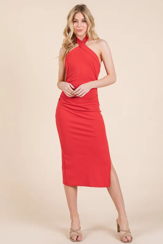 Red Halter Tied Criss-Cross Ribbed Midi Dress sold by Pinkblush