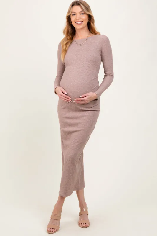 Taupe Ribbed Cinched Back Cutout Maternity Midi Dress sold by Pinkblush