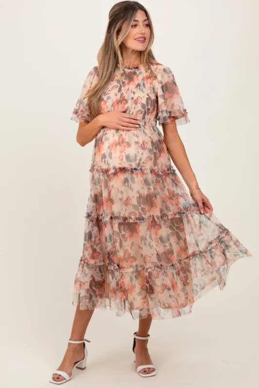 Peach Floral Mesh Smocked Maternity Midi Dress sold by Pinkblush