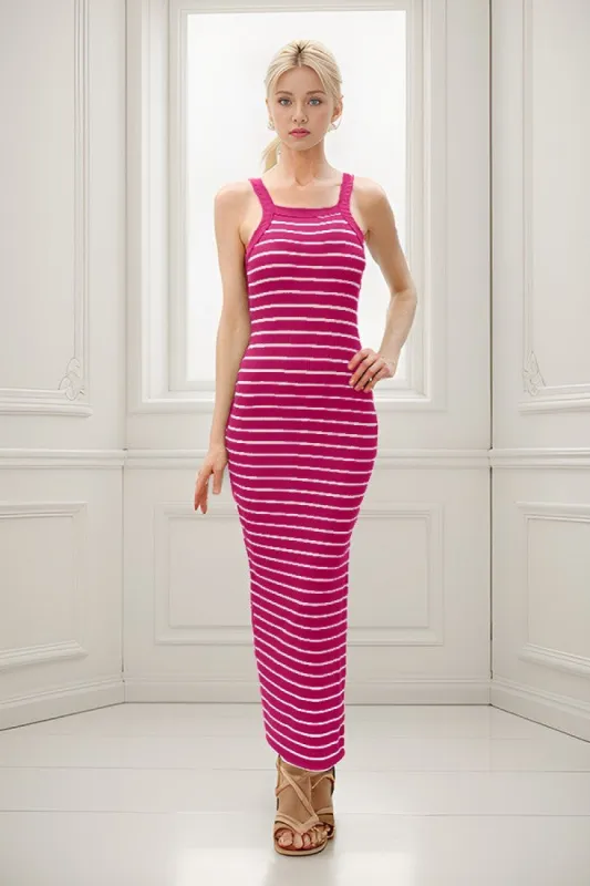 Fuchsia Striped High Neck Ribbed Maxi Dress sold by Pinkblush