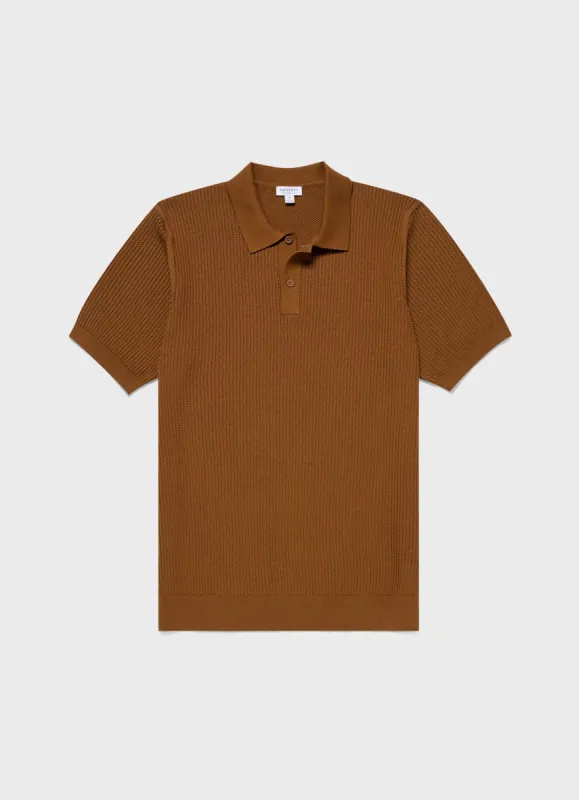 Men's Linear Mesh Knit Polo Shirt in Golden Brown sold by Sunspel
