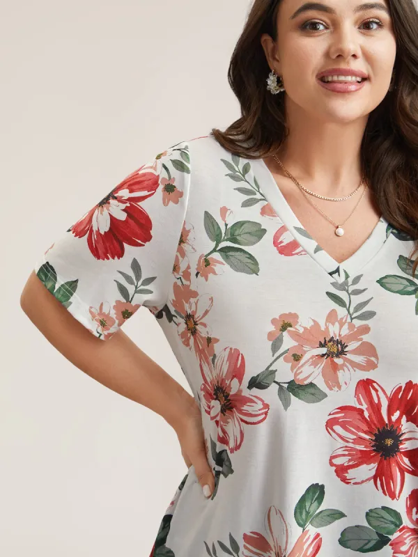 Multi-Color Floral Print V-Neck T-Shirt sold by Bloomchic