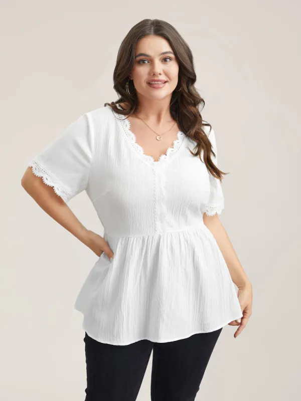 Scalloped Lace Textured Sheer Flared Shirt sold by Bloomchic