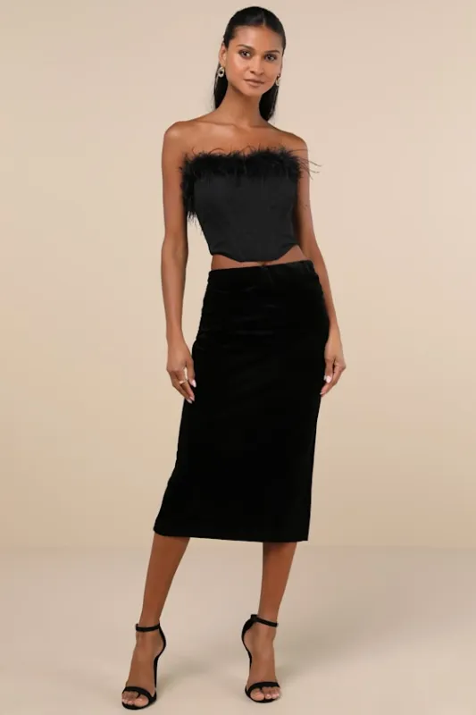 Exceptional Confidence Black Velvet Ruched Midi Skirt sold by Lulus
