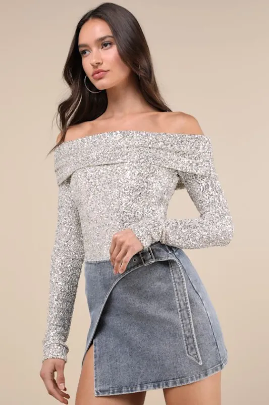 Marvelous Dazzle Champagne Sequin Off-the-Shoulder Top sold by Lulus