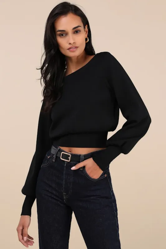 Perfect Coziness Black Long Sleeve Cropped Sweater Top sold by Lulus