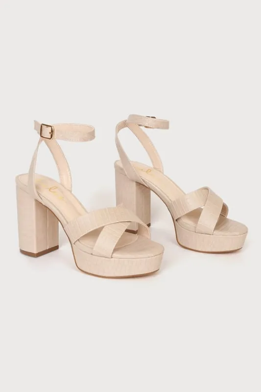 Selah Light Nude Crocodile-Embossed Ankle Strap Heels sold by Lulus