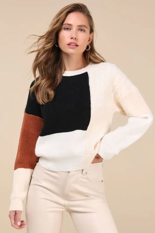 Adorable Expression Black Multi Color Block Cable Knit Sweater sold by Lulus