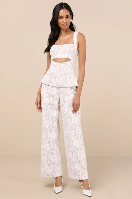 Eillis White and Beige Lace Cutout Sleeveless Jumpsuit sold by Lulus