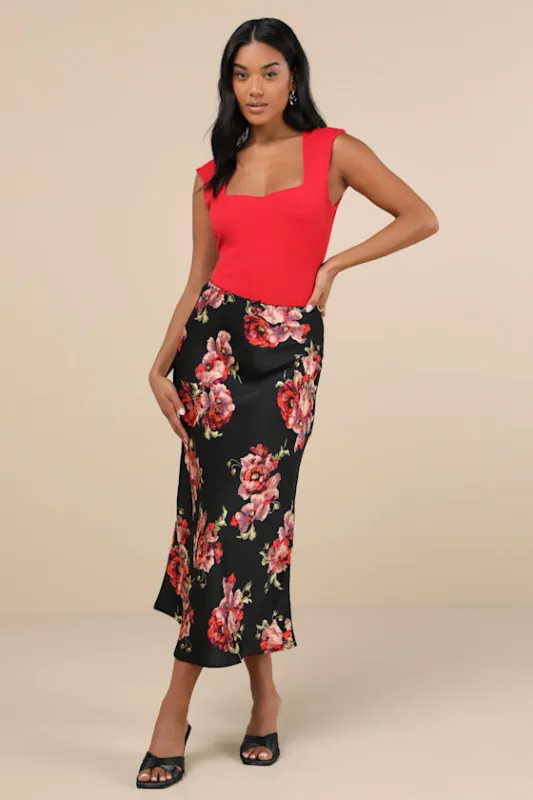 Sleek Proposition Black Floral Satin Bow Midi Skirt sold by Lulus