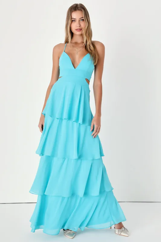 Tier and Now Blue Tie-Back Tiered Maxi Dress sold by Lulus