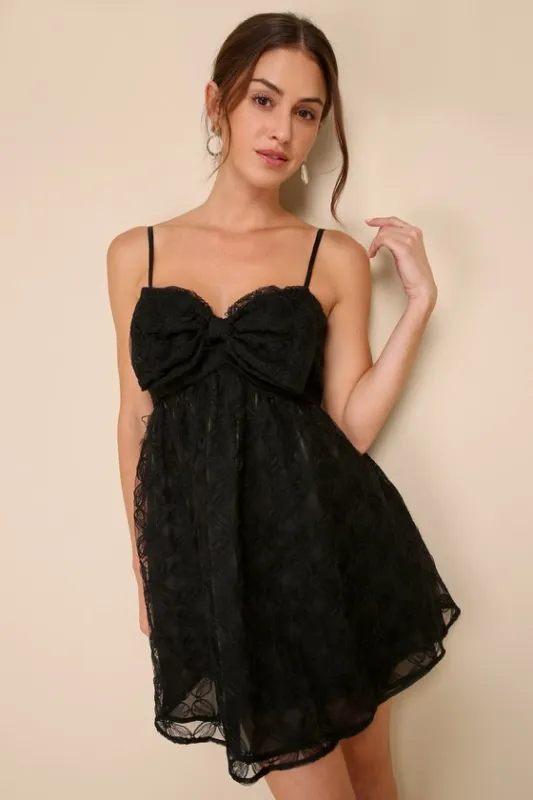 Charming Intent Black Mesh Floral Applique Bow Mini Dress sold by Lulus