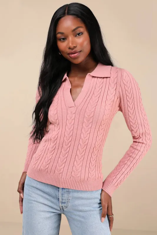 Seasonal Classic Pink Cable Knit Collared Sweater Top sold by Lulus