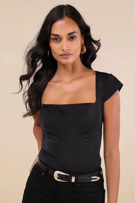 Sophisticated Intention Black Satin Cutout Cap Sleeve Bodysuit sold by Lulus