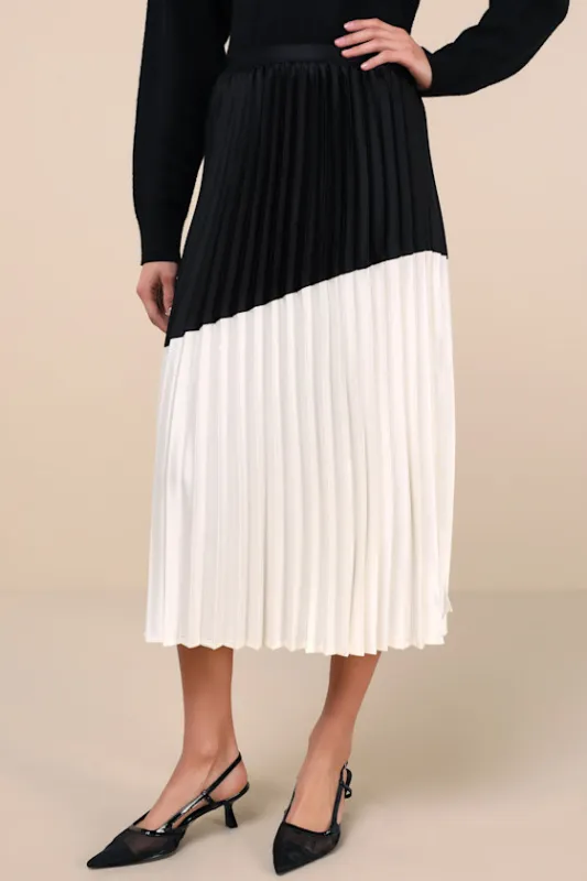 Chic Rarity Black and Ivory Color Block Satin Pleated Midi Skirt sold by Lulus