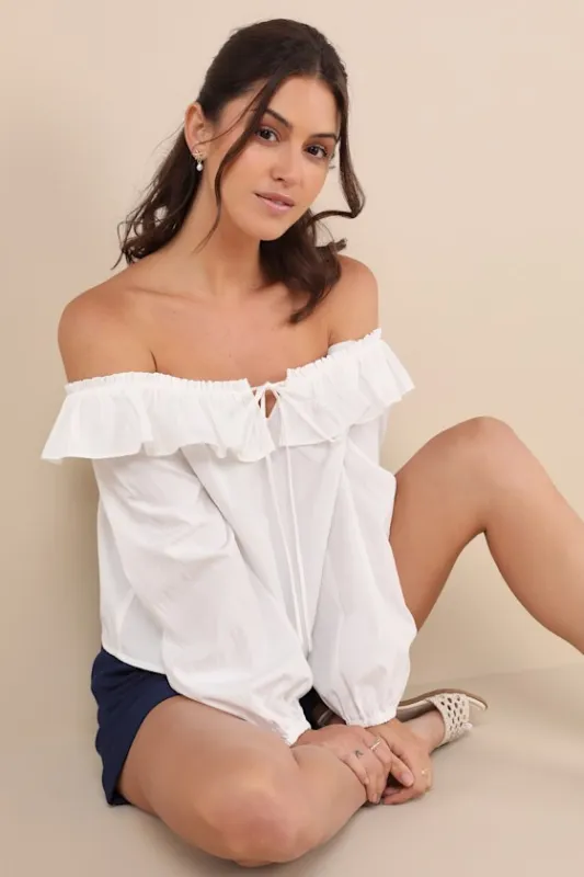 Dreamy Perception White Ruffled Long Sleeve Off-the-Shoulder Top sold by Lulus