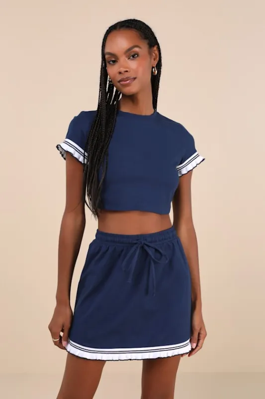 Sweet Score Navy Blue Ruffled Drawstring High-Rise Mini Skirt sold by Lulus