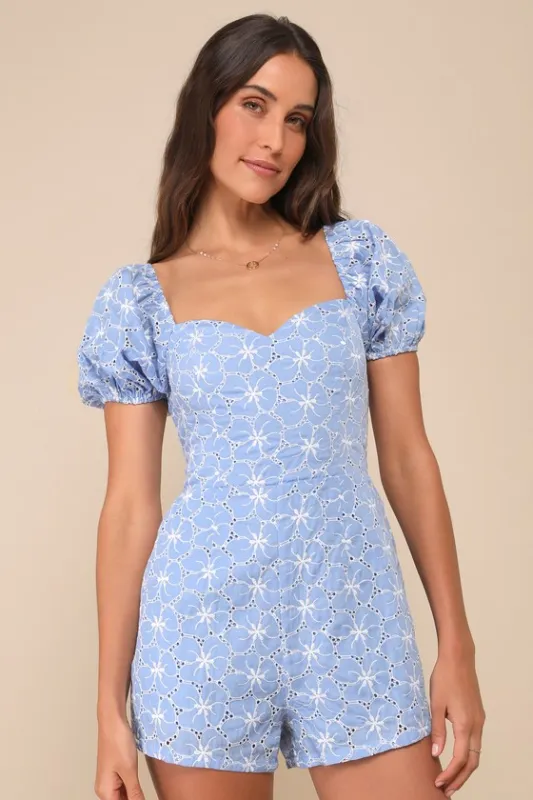 Summer Charm Blue Floral Eyelet Embroidered Puff Sleeve Romper sold by Lulus