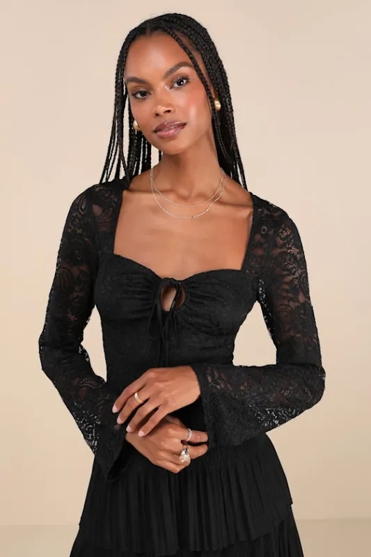 Posh Option Black Lace Keyhole Long Sleeve Top sold by Lulus