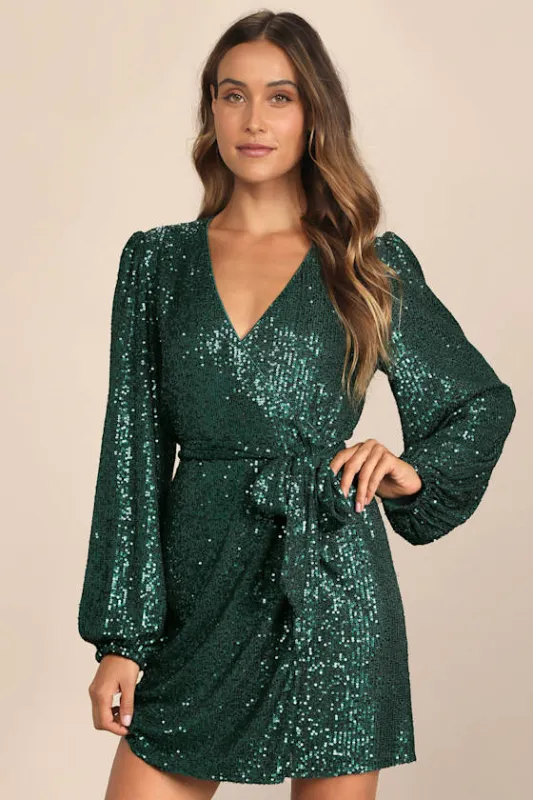 Sparkly Darling Emerald Green Sequin Long Sleeve Wrap Dress sold by Lulus