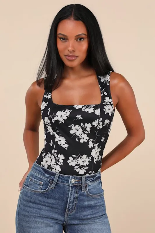Chicly Elevated Black Floral Print Mesh Sleeveless Bodysuit sold by Lulus