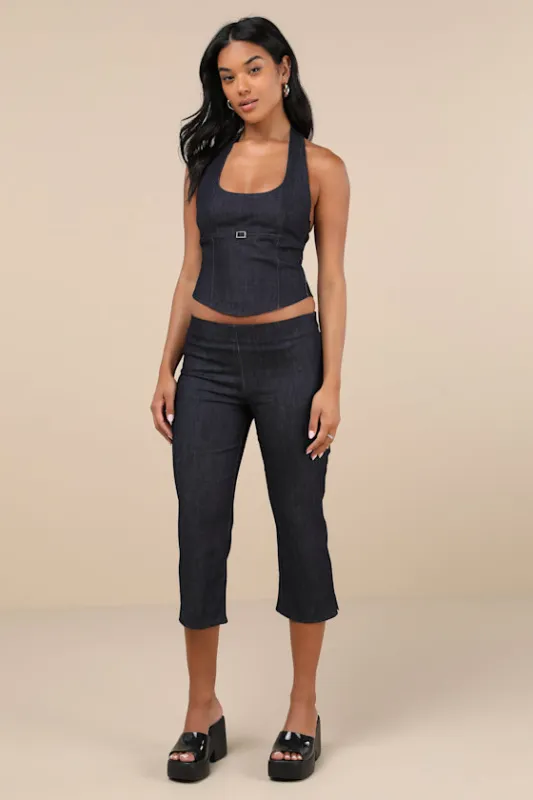 Diran Dark Blue Chambray Mid-Rise Capri Trouser Pants sold by Lulus